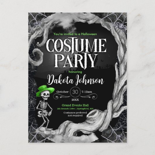 Carte Postale Skeleton Black Halloween Costume fête Invitation (Devant)
