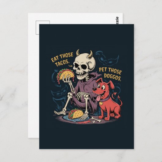 Carte Postale Skeleton Fun Mangez ces Tacos et Animez ces Doggos (Devant / Derrière)