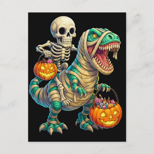 Carte Postale Skeleton Whimsical équitation maman T-Rex Hallowee (Devant)
