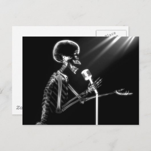 CARTE POSTALE SKELETON X-RAY CHANTANT SUR RETRO MIC - B&W (Devant / Derrière)