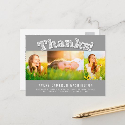 Carte Postale Sketched Thanks Multi 3 Photo Graduation Thank You (Devant/Arrière en situation)