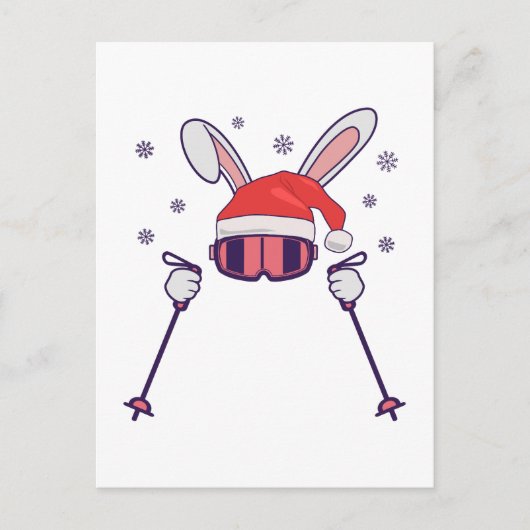Carte Postale Ski Père Noël Rabbit avec Santa Hat et bâtons de s (Devant)