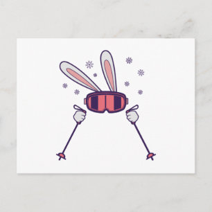 Carte Postale Ski Rabbit avec bâtons de ski et lunettes de ski
