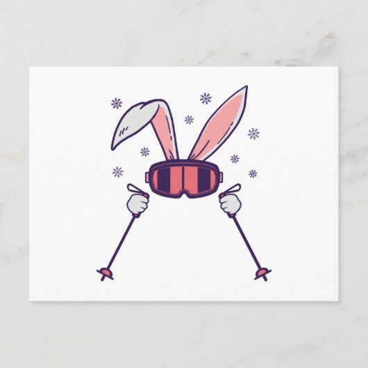 Carte Postale Ski Rabbit avec bâtons de ski et lunettes de ski (Devant)