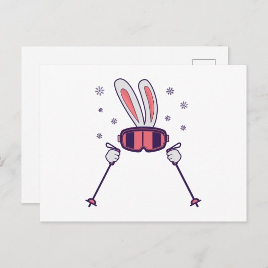 Carte Postale Ski Rabbit avec bâtons de ski et lunettes de ski (Devant / Derrière)