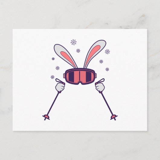 Carte Postale Ski Rabbit avec bâtons de ski et lunettes de ski (Devant)