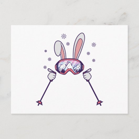 Carte Postale Ski Rabbit avec bâtons de ski et lunettes de ski (Devant)