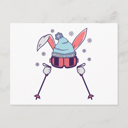 Carte Postale Ski Rabbit avec bâtons de ski ski lunettes de ski (Devant)