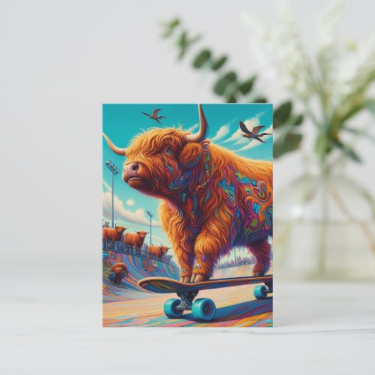 Carte Postale Ski Surreal Highland Cow (Debout devant)