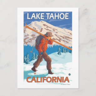 Carte Postale Skier transportant ski de neige - Lac Tahoe, Calif