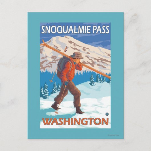 Carte Postale Skier transportant ski de neige - Snoqualmie Pass, (Devant)