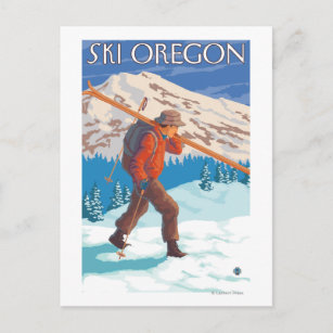 Carte Postale Skier transportant ski de neige - Vintage voyage