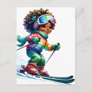Carte Postale Skieuse magie de fille noire mélanine filles à pea