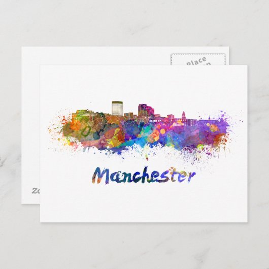 Carte Postale Skyline Manchester NH en aquarelle (Devant / Derrière)