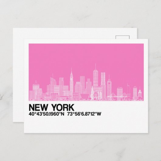 Carte Postale Skyline New York + Coordonnées en rose (Devant / Derrière)