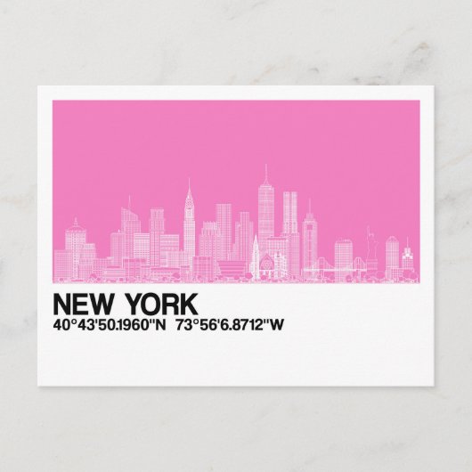 Carte Postale Skyline New York + Coordonnées en rose (Devant)
