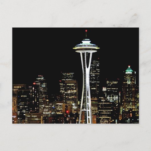 Carte Postale Skyline Seattle la nuit, avec Space Needle. (Devant)