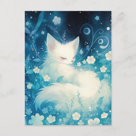 Carte Postale Sleeping White Fox in Blue Midnight Garden (Devant)