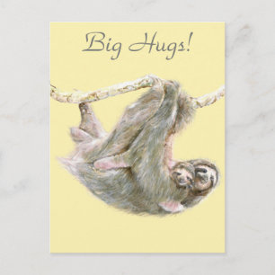 Carte Postale Sloth, bébé avec maman qui bouffe "Big Hugs"