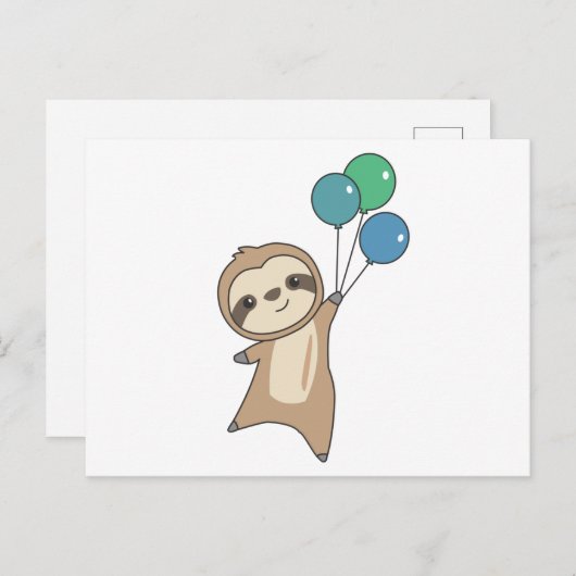 Carte Postale Sloth S'Envole Avec Des Ballons (Devant / Derrière)