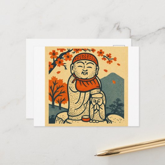 Carte Postale Smiling Jizo Guardian  – Japanese Folk Art  (Devant/Arrière en situation)