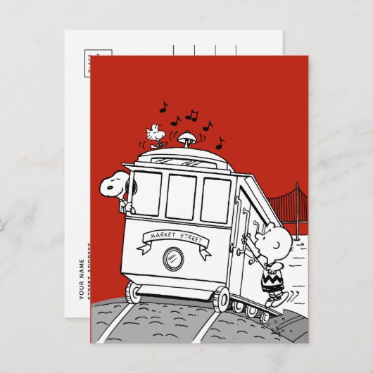 Carte Postale Snoopy, Woodstock & Charlie Brown sur un chariot (Devant / Derrière)