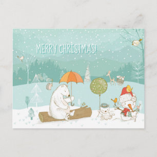 Carte Postale Snow Landscape Scene Bears and Snowman Christmas
