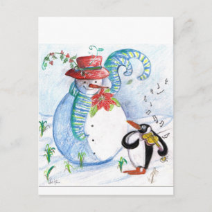 CARTE POSTALE SNOWMAN AND PENGUIN'S WINTER SERENADE