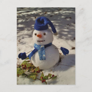 Carte Postale Snowman avec Casquette bleu et Écarf