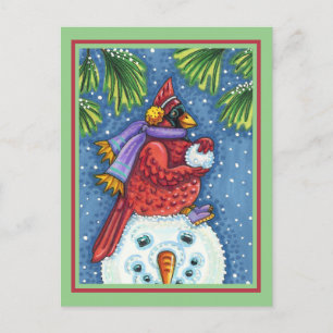 CARTE POSTALE SNOWMAN BODYGUARD, CHRISTMAS CARDINAL REDBIRD