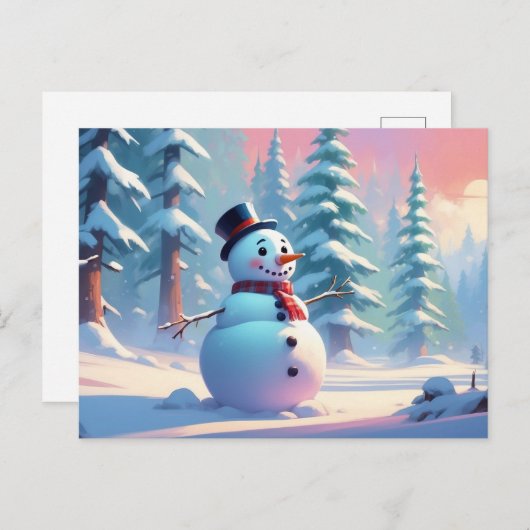 Carte Postale Snowman de Noël dans la forêt d'hiver (Devant / Derrière)