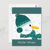 Carte Postale Snowman en vert Turquoise Casquette et Écharpe (Devant / Derrière)