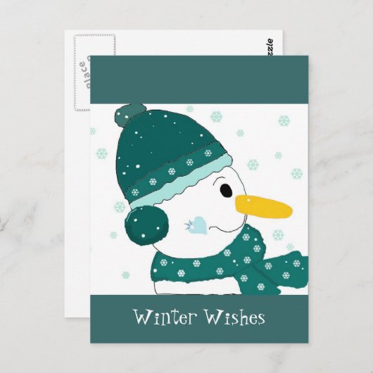 Carte Postale Snowman en vert Turquoise Casquette et Écharpe (Devant / Derrière)