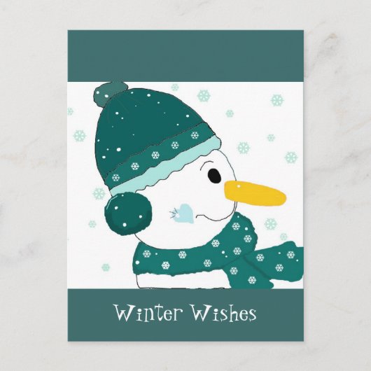 Carte Postale Snowman en vert Turquoise Casquette et Écharpe (Devant)