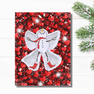 Carte Postale Snowman fait un ange de neige sur les Coeurs rouge