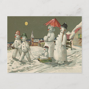 Carte Postale Snowman Family Winter Jouer Eglise de neige