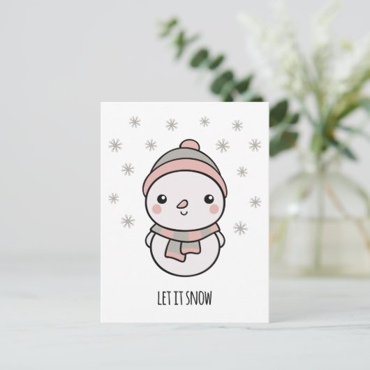 Carte Postale Snowman kawaii laisse neiger (Debout devant)
