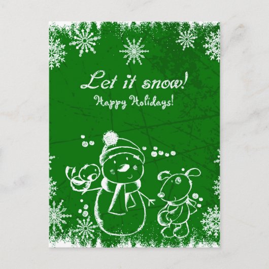Carte Postale Snowman, Oiseau Et Chien Sur Arrière - plan Vert (Devant)