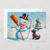 Carte Postale Snowman Rétro, Chien Maigre, Cardinal Rouge Et Arb (Devant / Derrière)