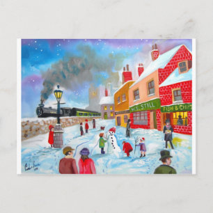 Carte Postale Snowman scène d'hiver folk art peinture train