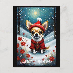 Carte Postale Snowy Cute Chihuahua Floral Père Noël Noël
