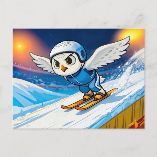 Carte Postale Snowy Owl Ski Jumping from a Winter Ski Ramp (Devant)