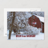 Carte Postale SNOWY RED BARN, HELLO from MICHIGAN! (Devant / Derrière)
