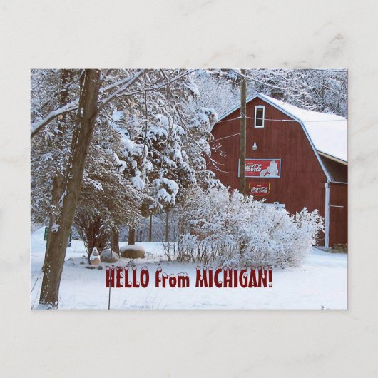 Carte Postale SNOWY RED BARN, HELLO from MICHIGAN! (Devant)