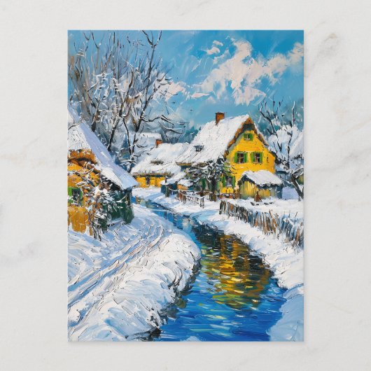 Carte Postale Snowy Village with Stream and Trees Fantasy Painti (Devant)