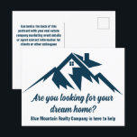 Carte Postale Société immobilière Mountain Marketing personnalis<br><div class="desc">Une société immobilière de montagne cool carte postale pour une entreprise immobilière située dans une ville ou une ville montagneuse. Votre message est écrit en écriture bleu marine sous la maison au milieu des montagnes. Carte postale de marketing pour un constructeur de maisons en montagne.</div>