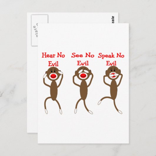 Carte Postale Sock Monkey : écoutez, parlez, ne voyez aucun mal (Devant / Derrière)