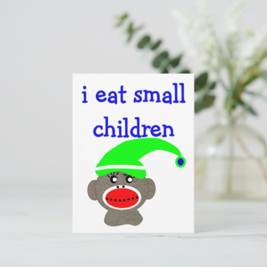 Carte Postale Sock Monkey "I MANGE PETITS ENFANTS" (Debout devant)