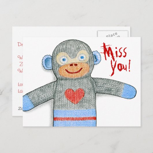 Carte postale Sock Monkey "Miss You" (Devant / Derrière)