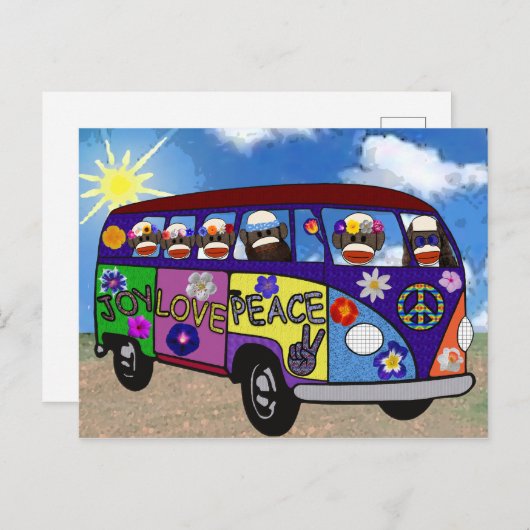 Carte Postale Sock Monkey Peace Bus 2 (Devant / Derrière)